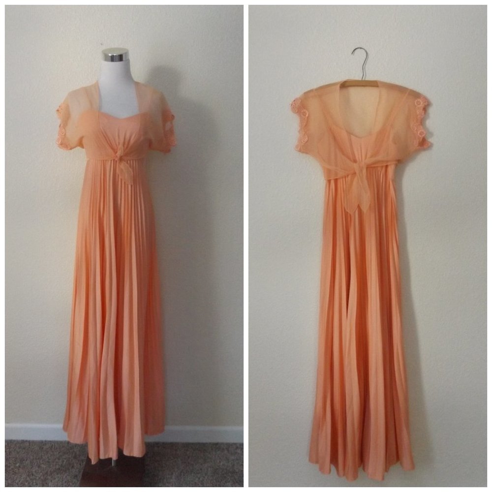 Vintage 70s Accordian Pleat Maxi Dress / Small SM / Bolero Lace Cropped Top Coat